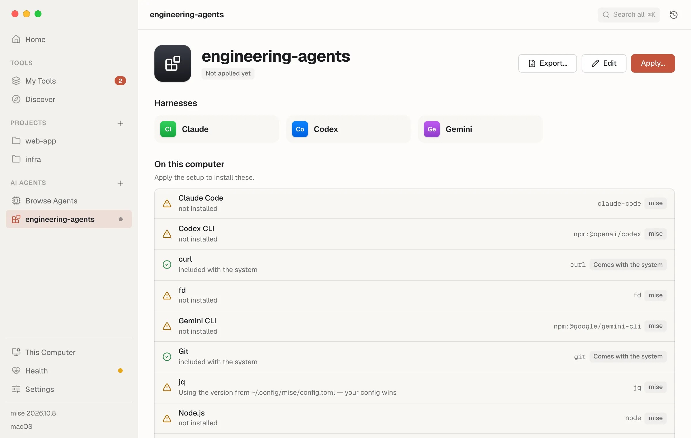 A saved AI setup, showing its agents and what's installed on this computer