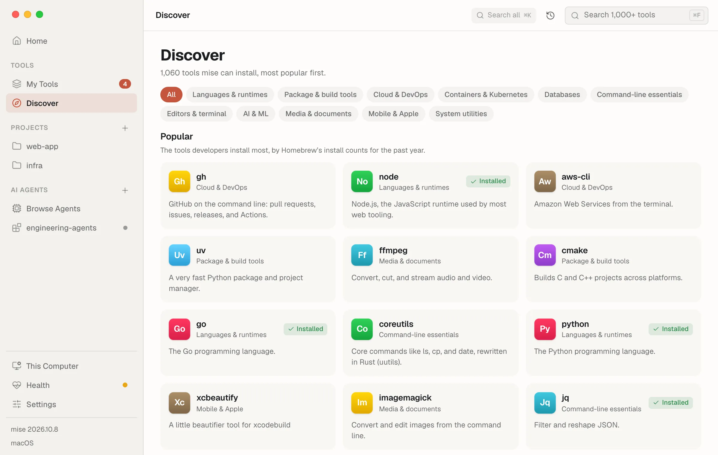Discover, showing the mise registry's most popular tools and its categories