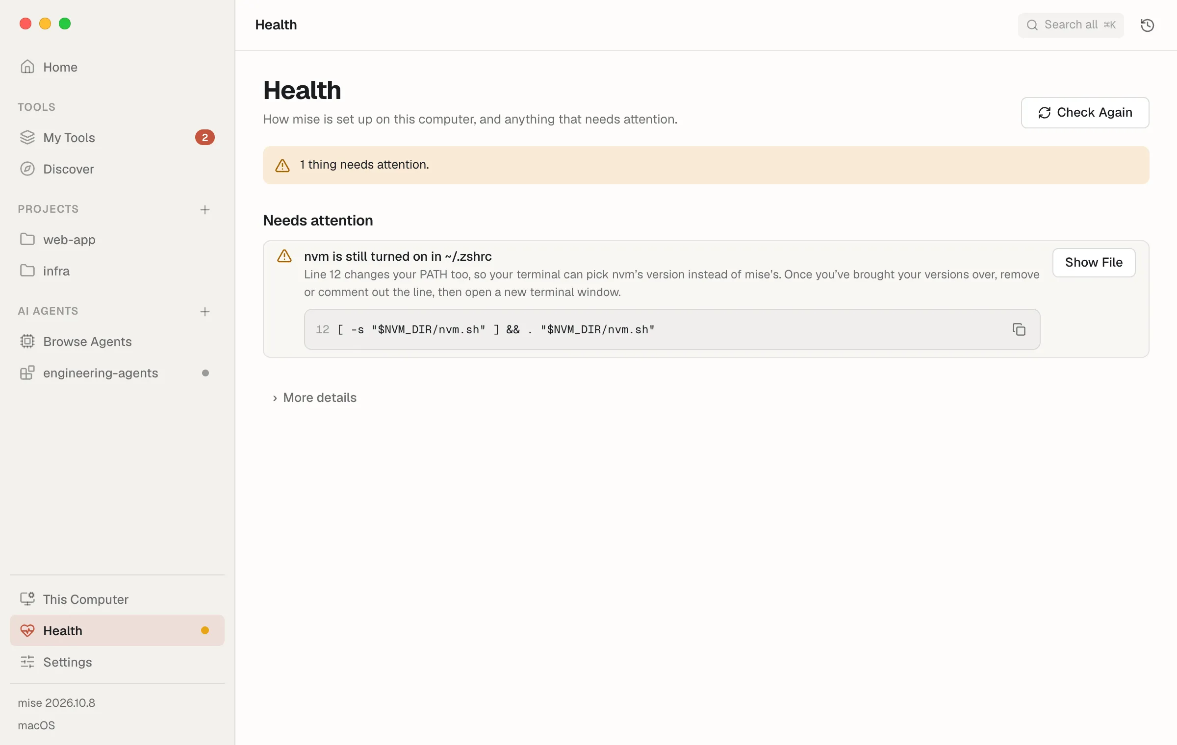 Health, leading with what needs attention and its fix