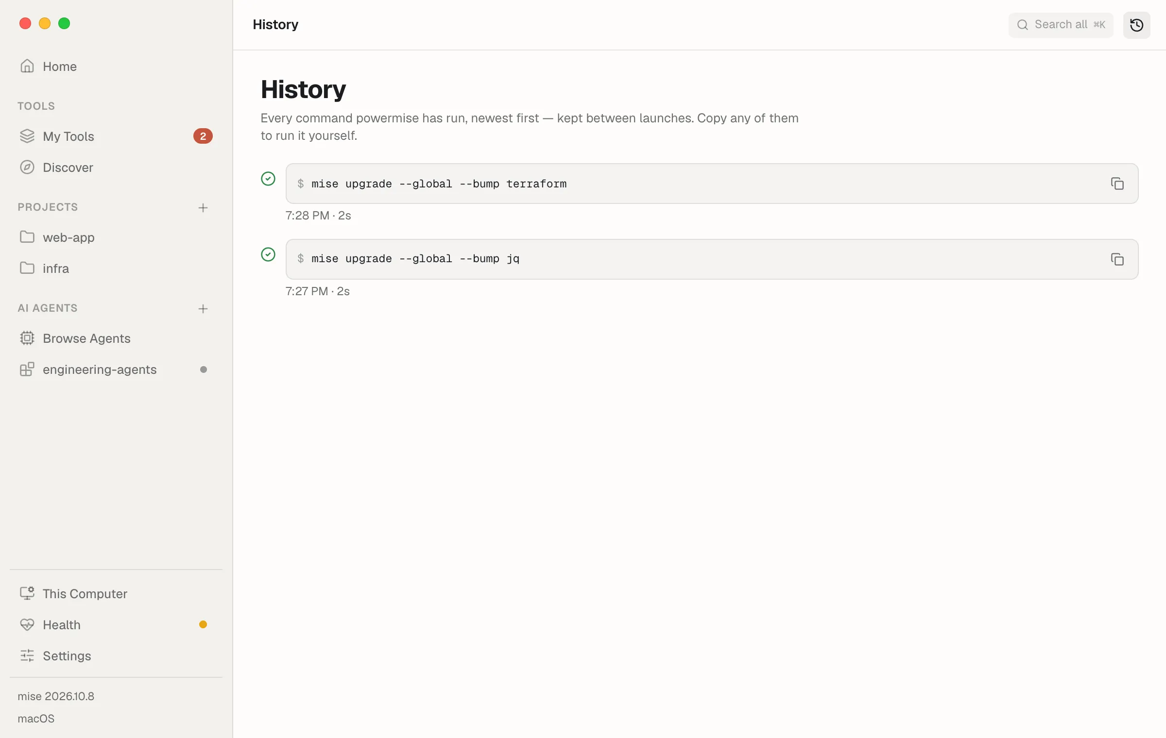 History, listing the commands powermise ran, each with its result and a copy button