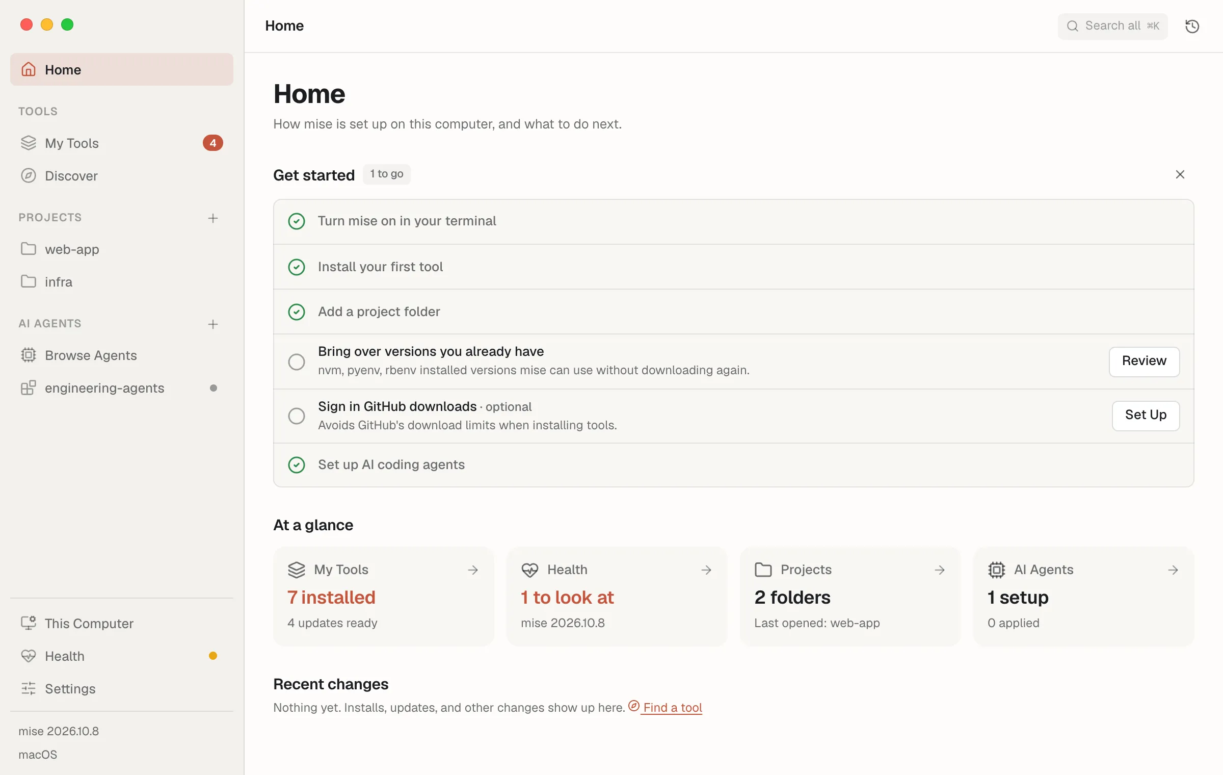 Home, with the getting-started checklist and an at-a-glance summary of tools, health, projects, and AI agents