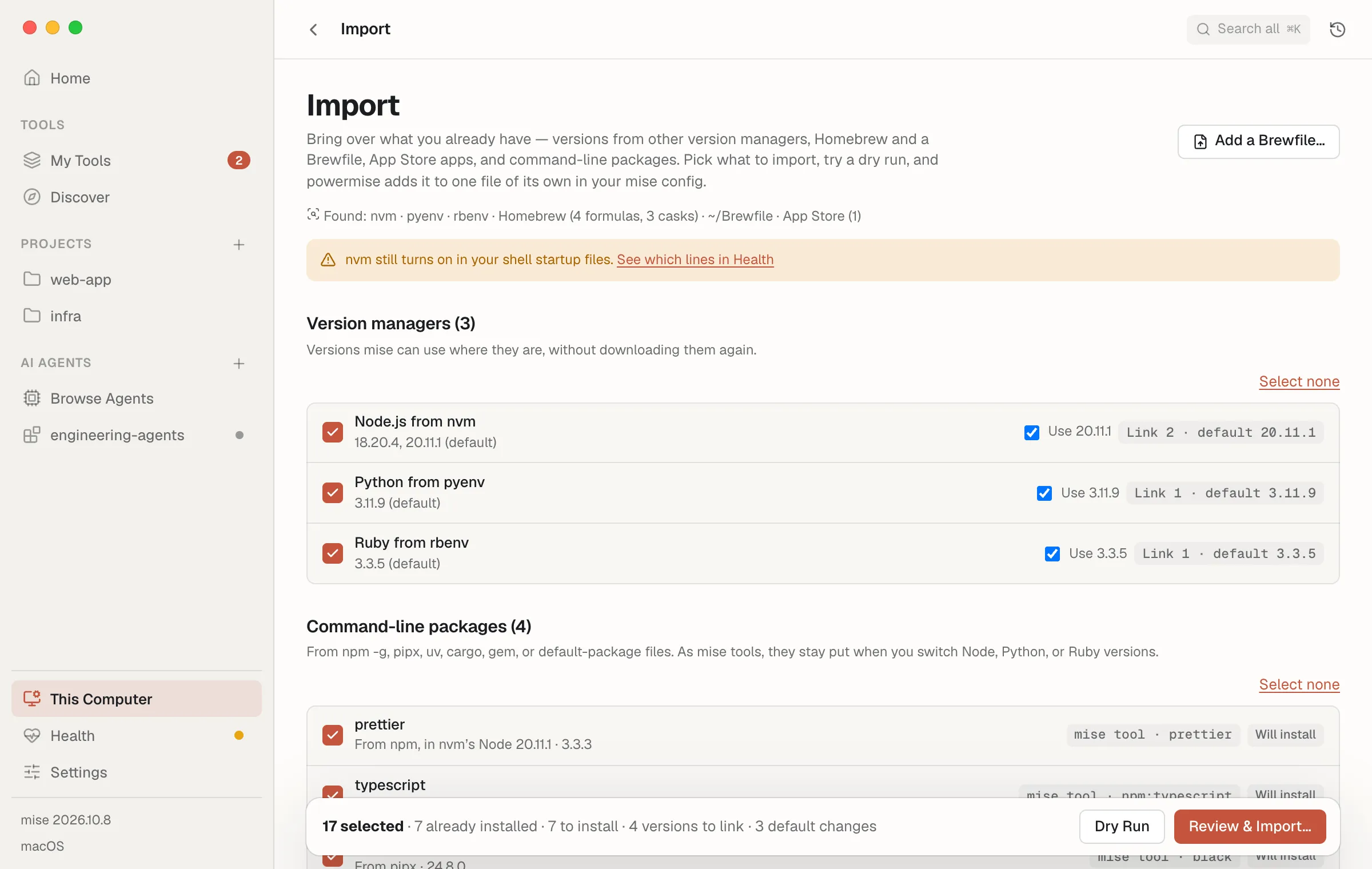 Import, grouping what was found by source with what each becomes in mise, and Dry Run and Review & Import