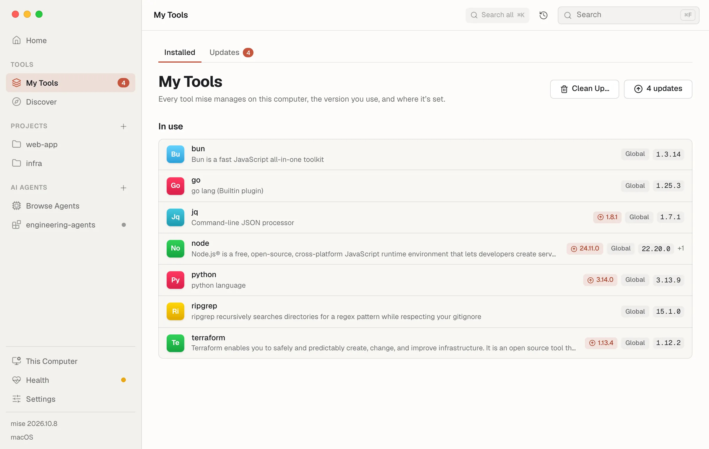 My Tools, listing each installed tool, its version, and where it's set