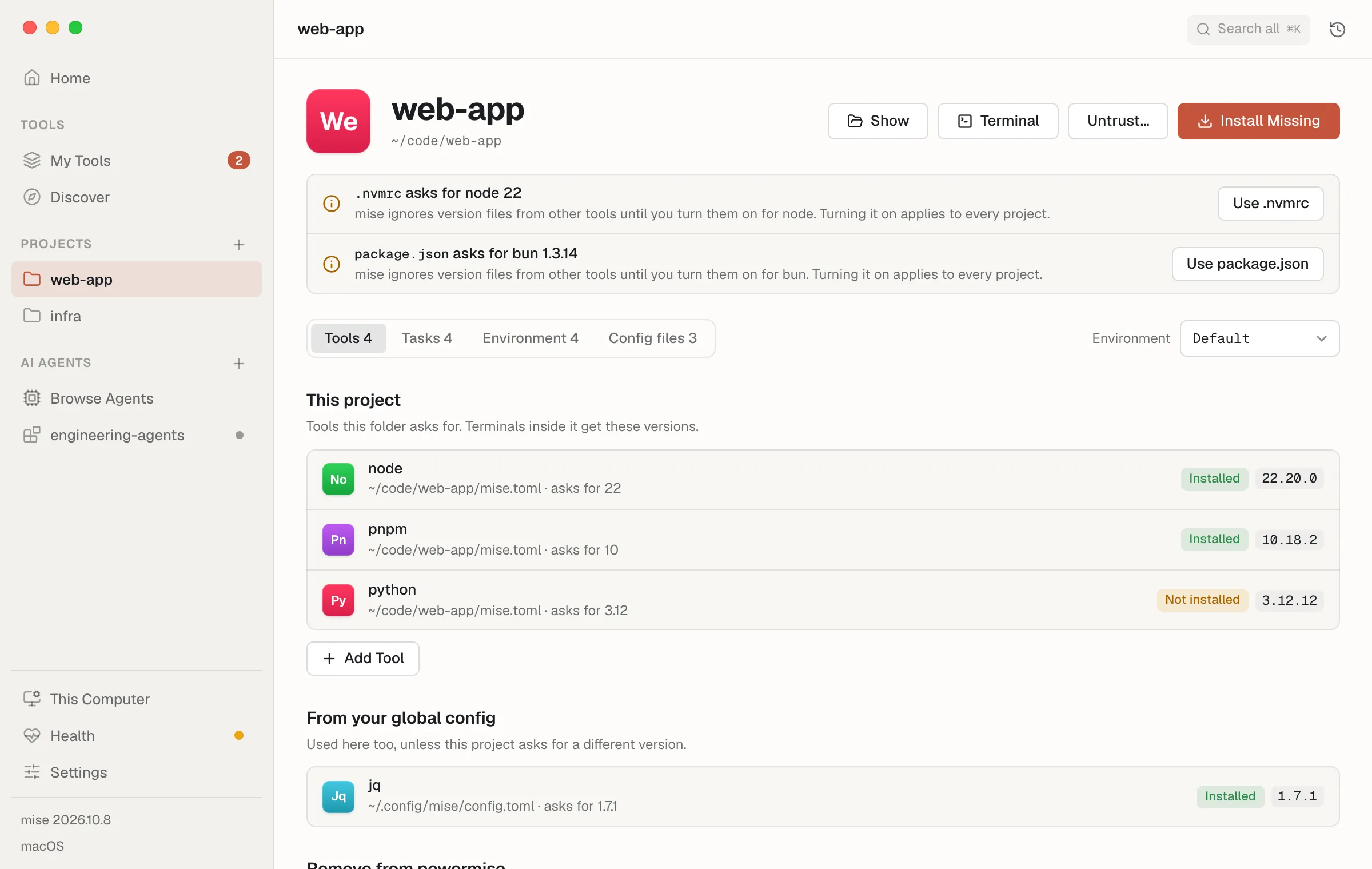 A project's page, with its tools, tasks, and environment
