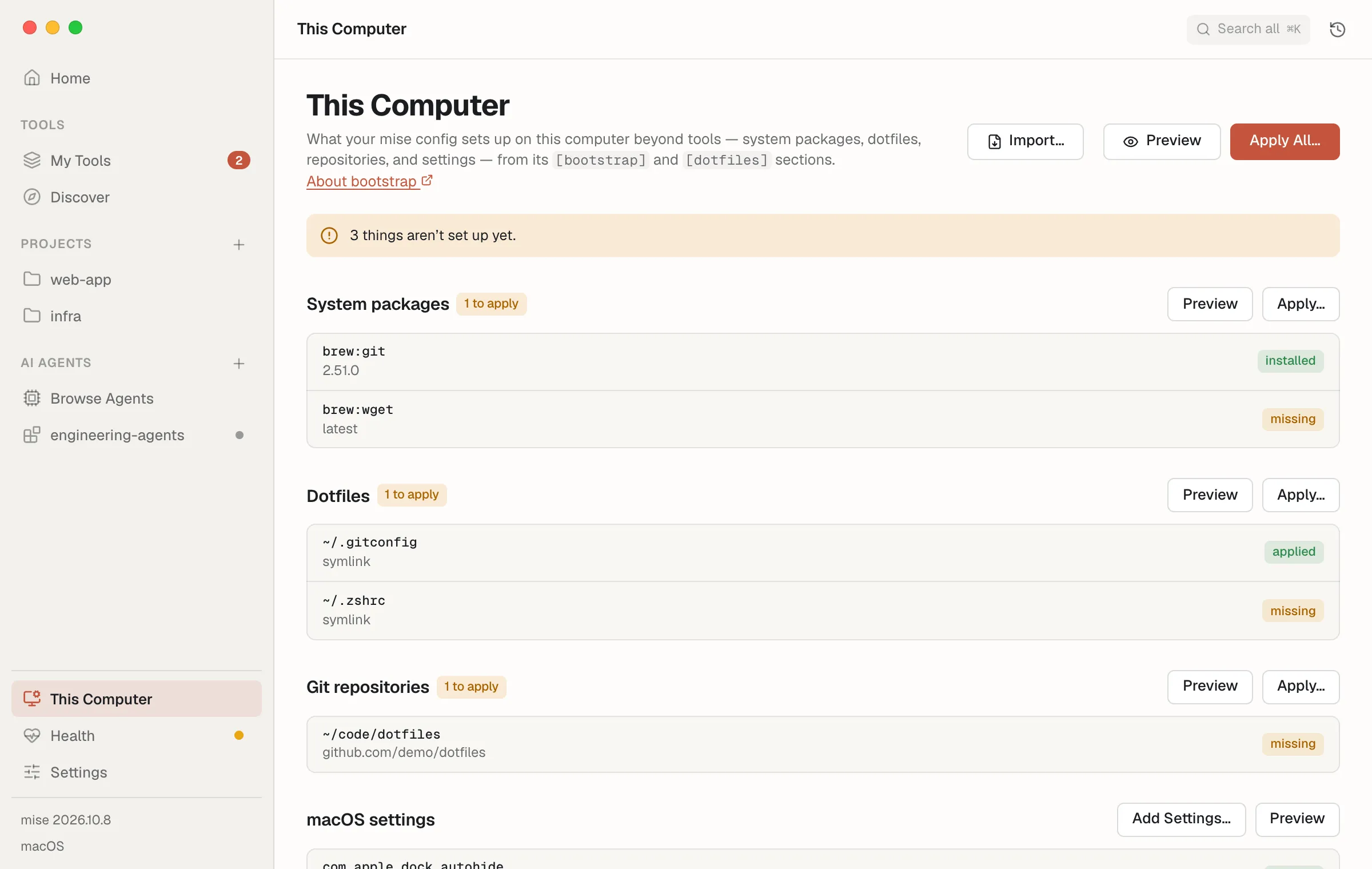 This Computer, with system packages, dotfiles, and settings mise bootstrap manages