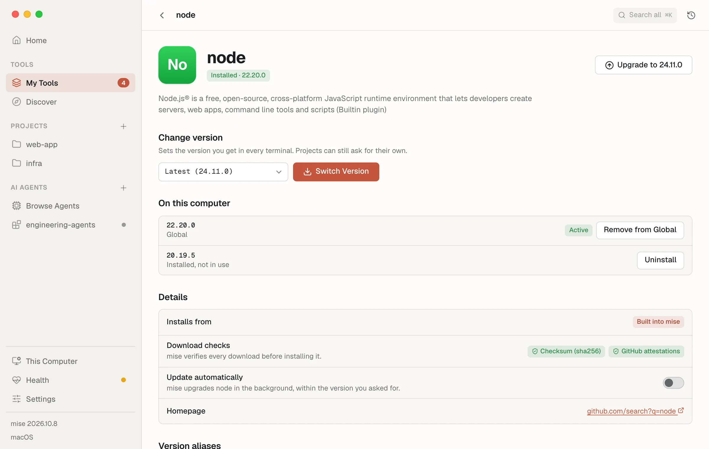 Node's tool page: change version, installed versions, and where it installs from