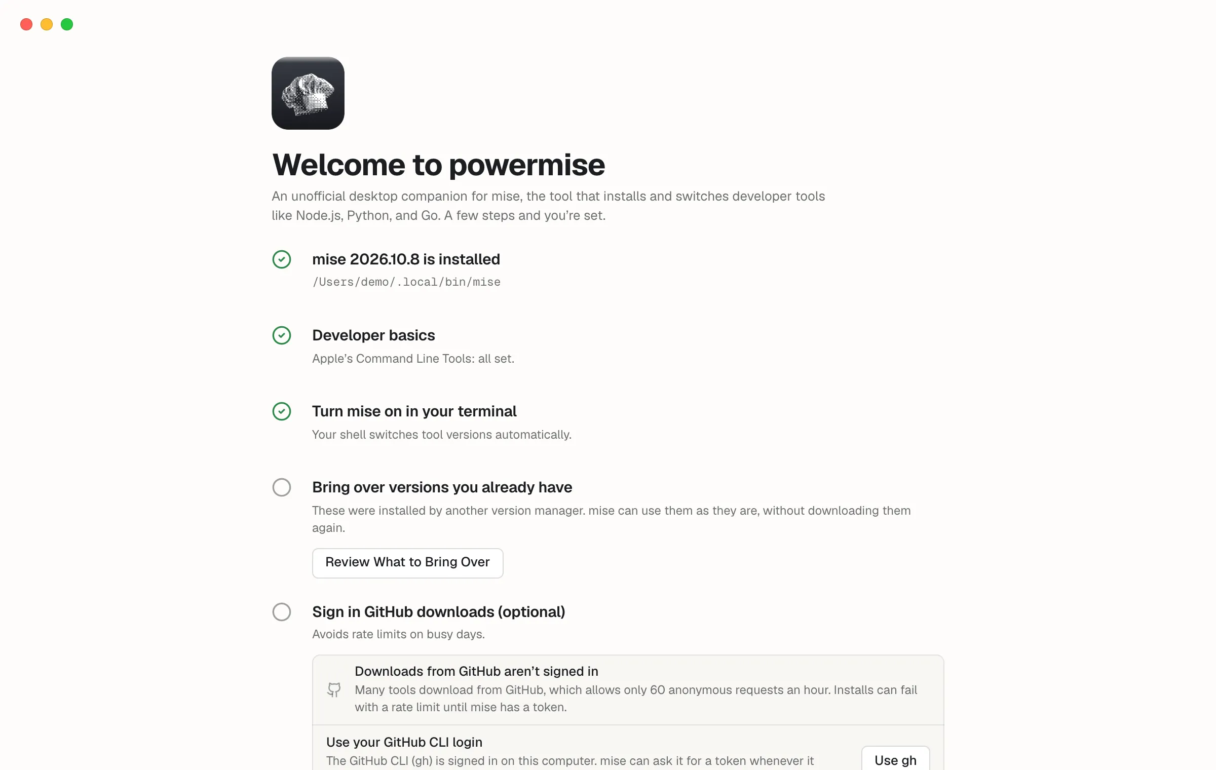 The Welcome steps: mise installed, turned on in the terminal, versions to bring over, and GitHub downloads